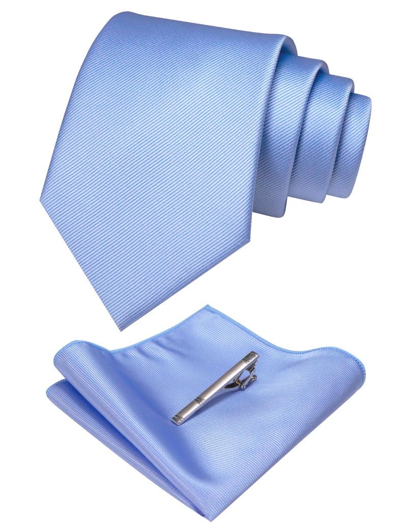 JEMYGINS Baby Blue Formal Necktie and Pocket Square Tie Clip Sets for Men (39) - Image 1